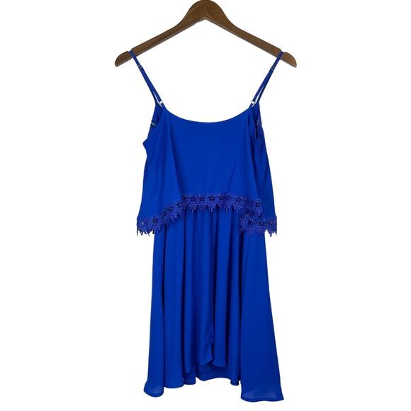 Gianni Bini | Cobalt Blue Layered Lace Trim Sleeveless Blouson Mini Dress - Picture 2 of 12